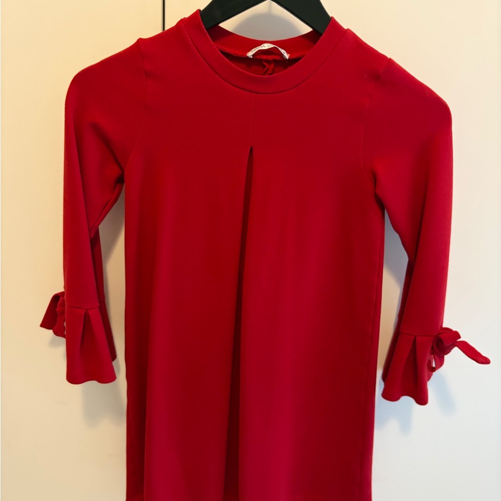 Girls Red Long Sleeve Casual Dress with Tie Sleeve Detail